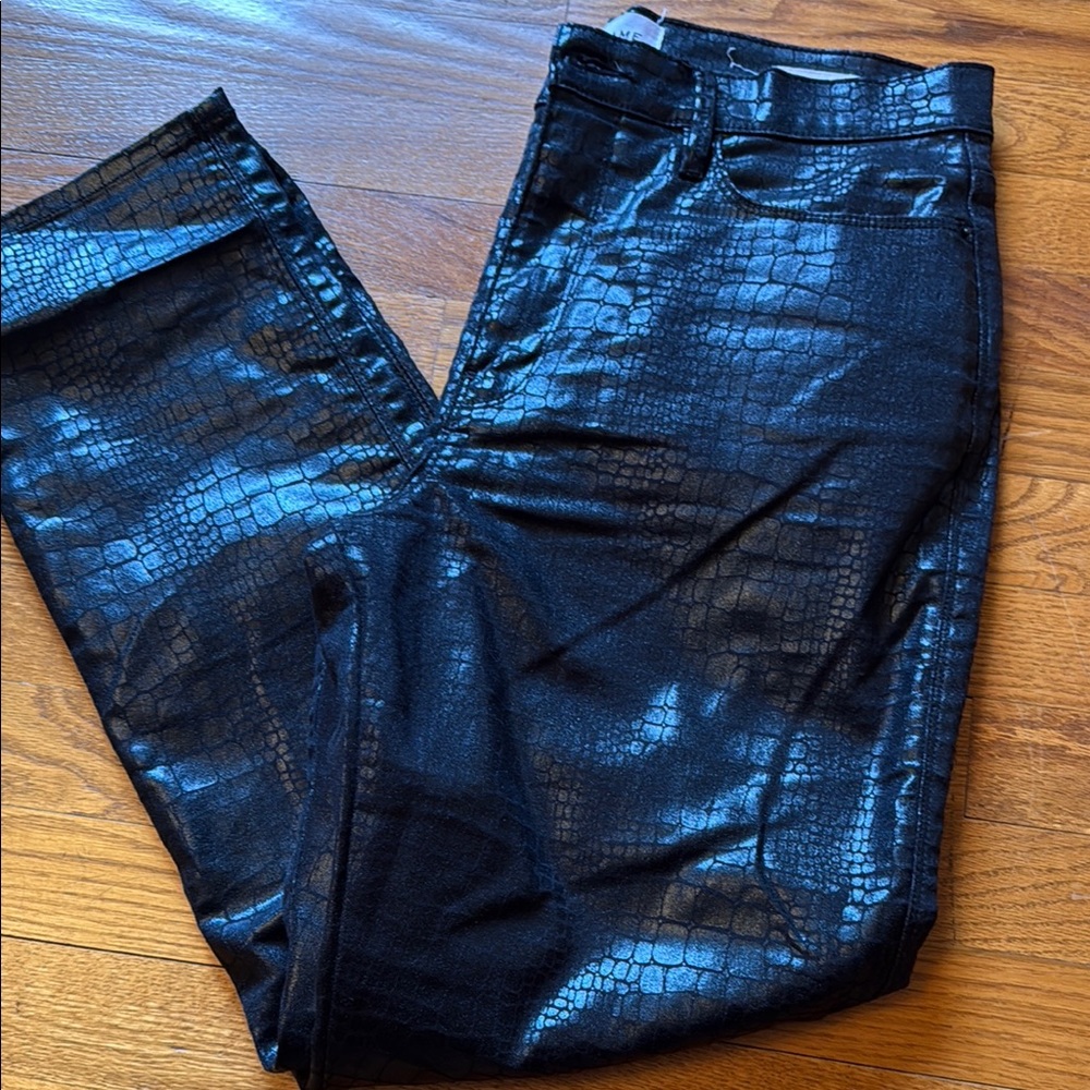 Frame Denim Black Croc-Embossed Straight Leg Pants